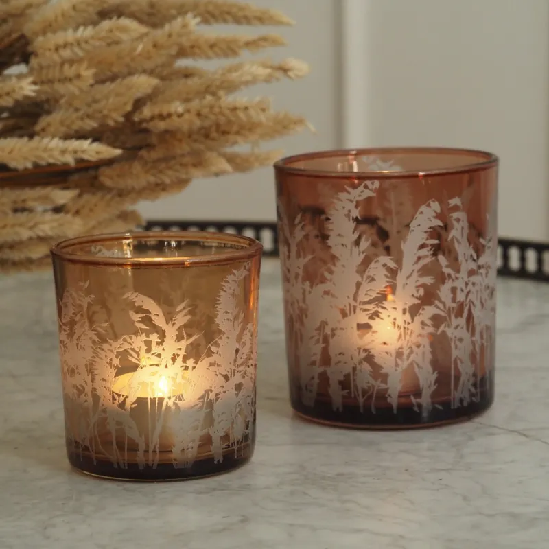 Teelichthalter 2er-Set · Cognacglas mit sandgestrahltem Wildgrasmotiv