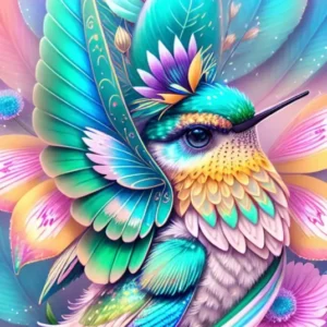 Diamond Painting Set eines bunten Kolibris in einem Blütenkelch mit leuchtenden Farben und detaillierten Blumen.