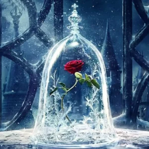 Diamond Painting Set mit roter Rose im verzauberten Wunderglas vor winterlicher Märchenschloss-Kulisse