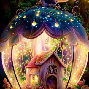 Diamond Painting Set Fantasiehaus: Märchenhaftes Häuschen in einer leuchtenden Glaskugel mit Blumen und magischem Wald