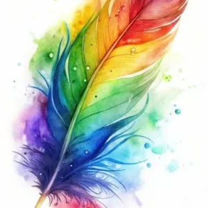 Diamond Painting Set bunte Regenbogen-Feder im Aquarell-Stil als kreatives Bastelprojekt auf Leinwand