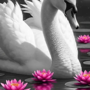 Diamond Painting Set Schwan mit rosa Seerosen auf dunklem Wasser als entspannendes Tier-Motiv im 40x60cm Format.