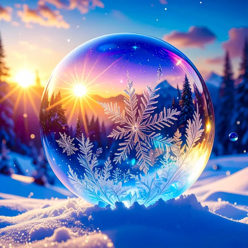 Diamond Painting Set Kristallwelt: Glitzernde Schneekristalle in einer magischen Glaskugel vor verschneiter Winterlandschaft.