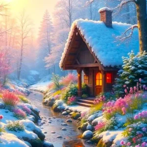 Diamond Painting Wintermorgen mit verschneitem Holzhaus, Bachlauf und blühenden Blumen in einer märchenhaften Landschaft.
