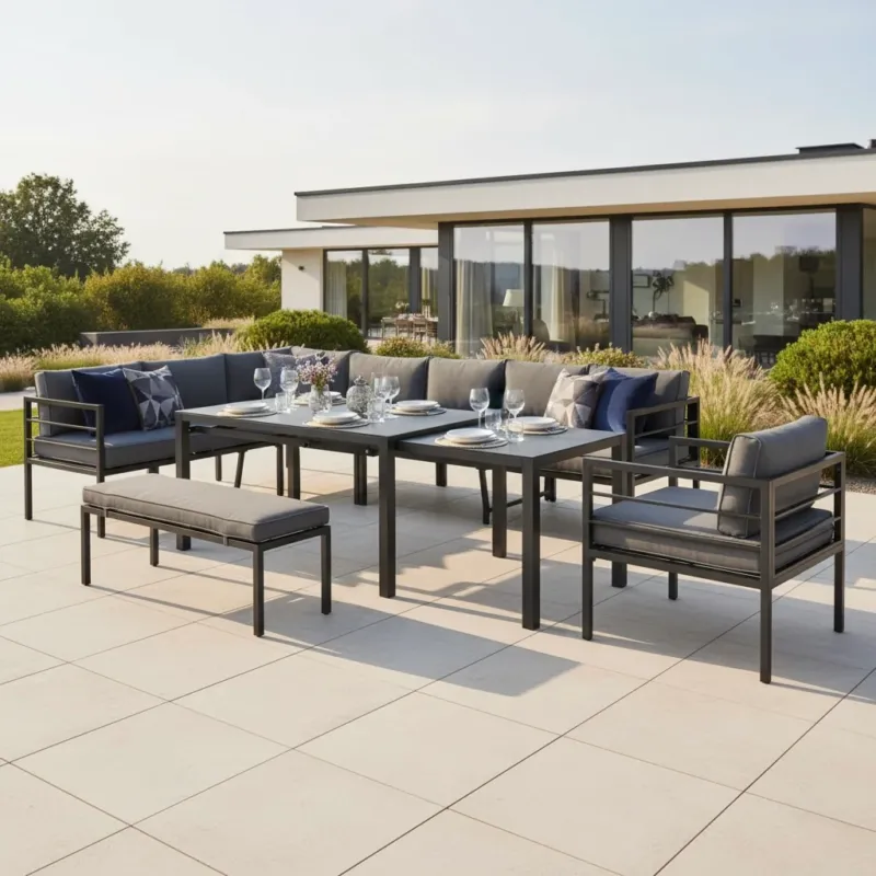 Jetzt mit 10% Rabatt! Platz für bis zu 10 Personen! Dining Lounge Set Portland / Ausziehtisch - variabel stellbar