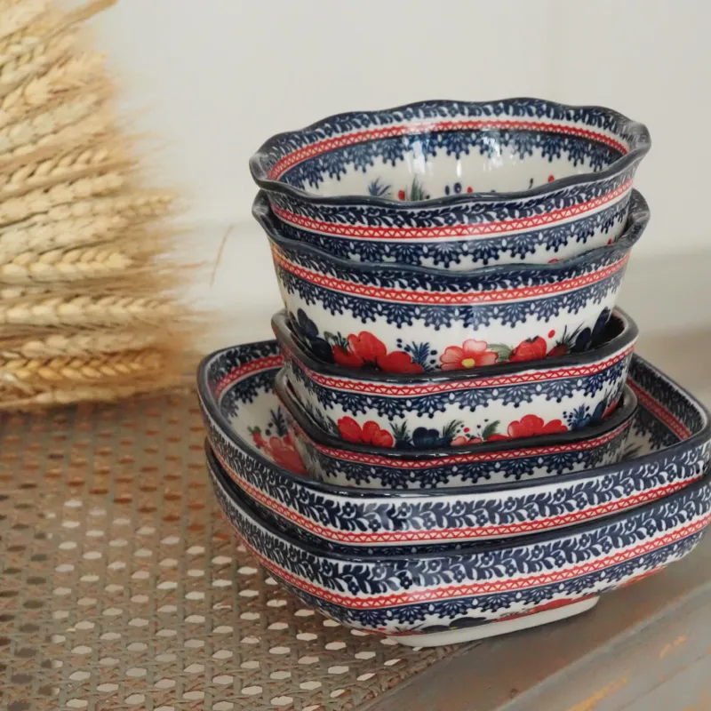 Keramikschale Blumendekor · Blau Rot Bunzlauer Tradition