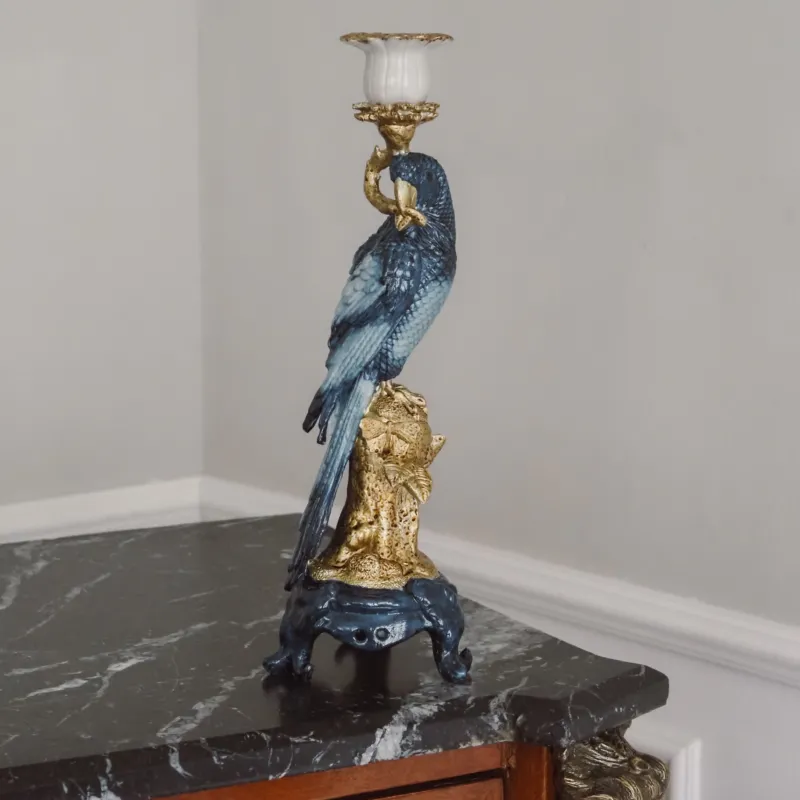 Kerzenhalter Papagei · historisierende Chinoiserie · Blau & Gold
