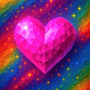 Diamond Painting Herzkristall: Funkelndes, facettiertes pinkes Herz vor einem bunten, magischen Sternenhimmel