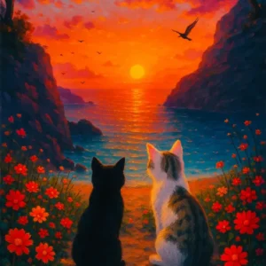 Diamond Painting Set Wir zwei Katzen: Zwei Katzen in Blumenwiese vor Sonnenuntergang am Meer für kreative Entspannung