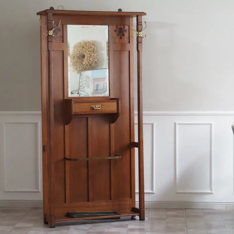 Jugendstil Garderobe Eiche mit Spiegel und Intarsien um 1900