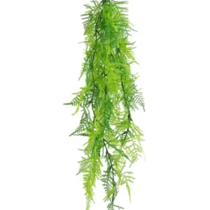 Die künstliche Hängepflanze Spargel UV 80 cm ist ein künstlicher Farn mit federhellgrünen Blättern, die vor einem weißen Hintergrund herunterfallen.