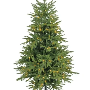 Der künstliche Weihnachtsbaum „Åsmund“ PE/PVC – Smart LED ist ein grüner Kunstbaum mit schwarzem Metallständer, ausgestattet mit kleinen, gleichmäßig verteilten warmweißen Lichtern und ohne Schmuck oder Baumspitze.