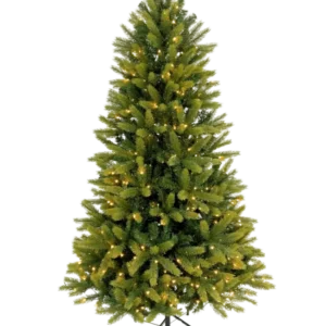 Der künstliche Weihnachtsbaum „Weideman“ PE/PVC – Smart LED, mit grünen Zweigen und warmweißen Lichtern, steht auf einem schwarzen Metallsockel vor einem schlichten weißen Hintergrund.