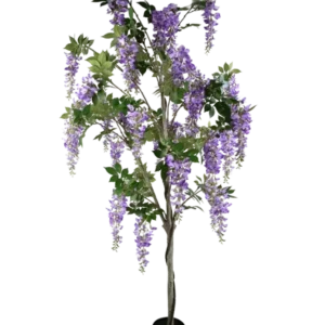 Die künstliche Glyzinienpflanze 210 cm ist eine künstliche Glyzinie in einem Topf mit grünen Blättern und violetten Blütenbüscheln vor einem schlichten weißen Hintergrund.