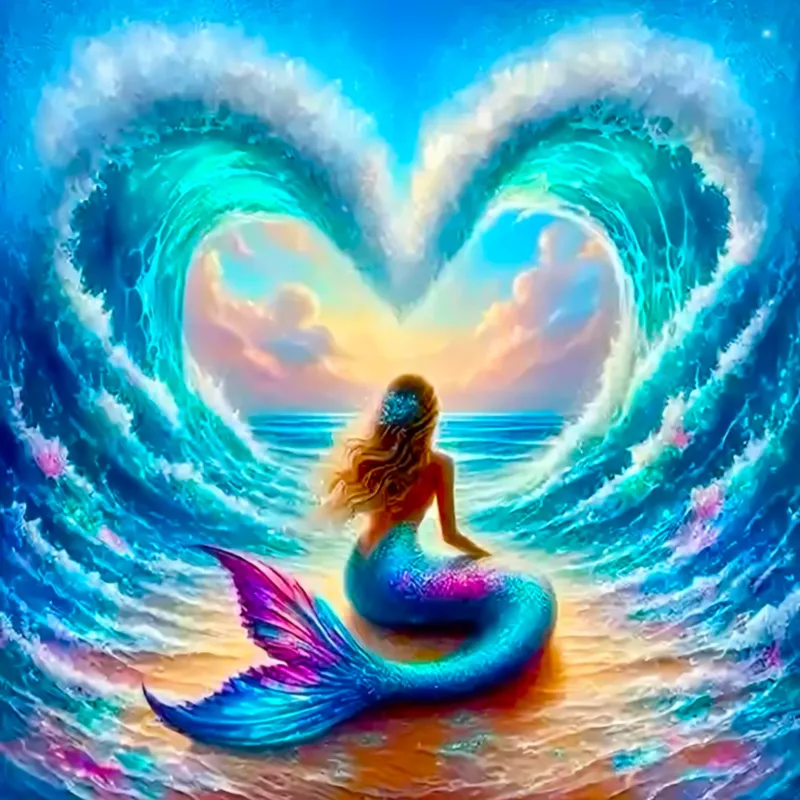 Diamond Painting Set Liebe der Meerjungfrau mit herzförmigen Wellen und funkelnden Strasssteinen im Fantasy-Look