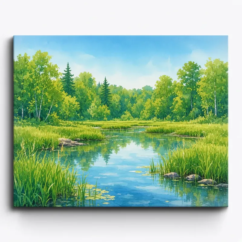 Malen nach Zahlen für Erwachsene: Leuchtende Sommerlandschaft mit Fluss, Schilf und Wald im Aquarell-Stil