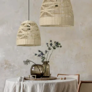 Marlo Pendelleuchte Glocke Beige Rattan, ethno-skandinavische Hängelampe für Wohn- und Esszimmer