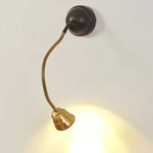 Wandleuchte Snail Two mit schwarzer Wandhalterung, biegsamem Flexarm in Messing und rundem Glasschirm Ø 10cm, eingeschaltet an Wand montiert