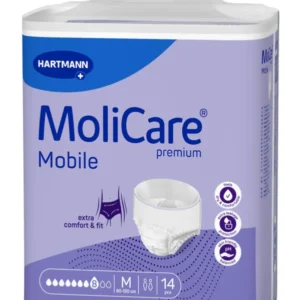 MoliCare Premium Mobile Saugpads in der Packung, die auf einem neutralen Hintergrund präsentiert wird. Die Vorderseite der Packung zeigt das Produktdesign in blau und weiß mit dem Markennamen "MoliCare" und der Bezeichnung "Premium Mobile". Auf der Verpackung sind auch Informationen über die Saugstärke "8 Tropfen" und die Eignung für aktive Nutzer abgebildet. Die Packung wirkt ansprechend und informativ, ideal für Kunden, die nach hochwertigen Inkontinenzprodukten suchen.