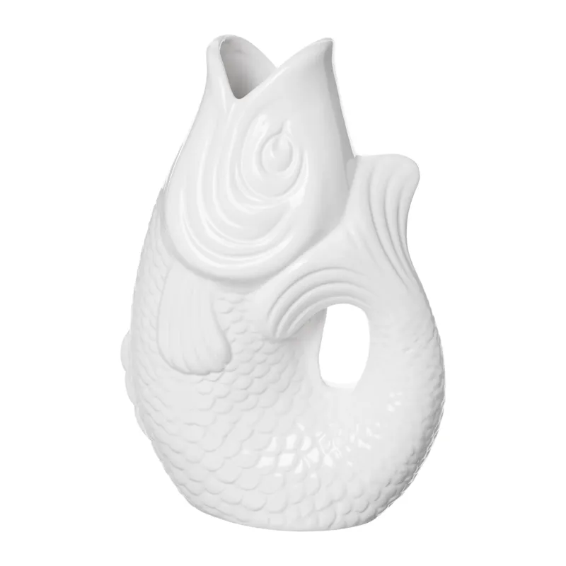 Weiße Fischform-Vase Monsieur Carafon aus Steingut.