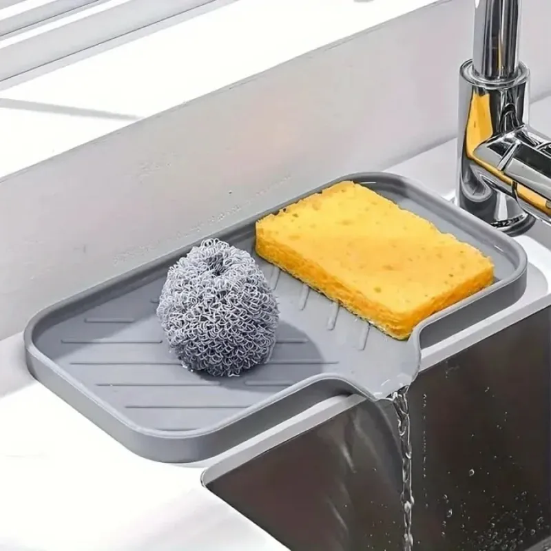 Multifunctional Gray Dish Drain Mat - Anti-Slip Kitchen Dry Mat for Sponges and Brushes 0