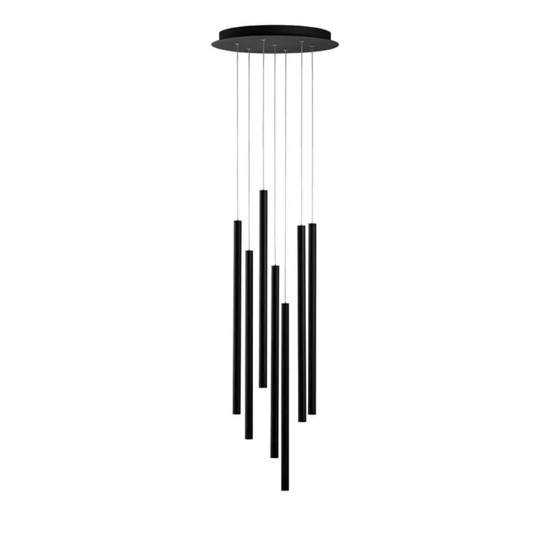 Ultrathin LED Hängeleuchte 7-flammig in elegantem Design mit schwarzen Leuchtenstangen.