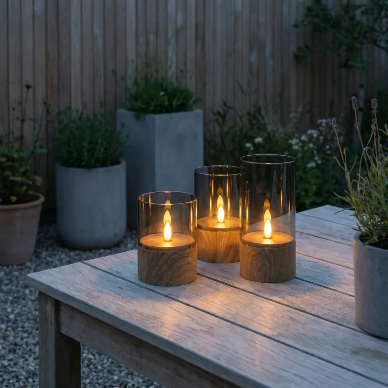 Outdoor LED-Kerzen mit Holzoptik & Rauchglas – 3er-Set | IP44 | 500 Stunden Batterielaufzeit