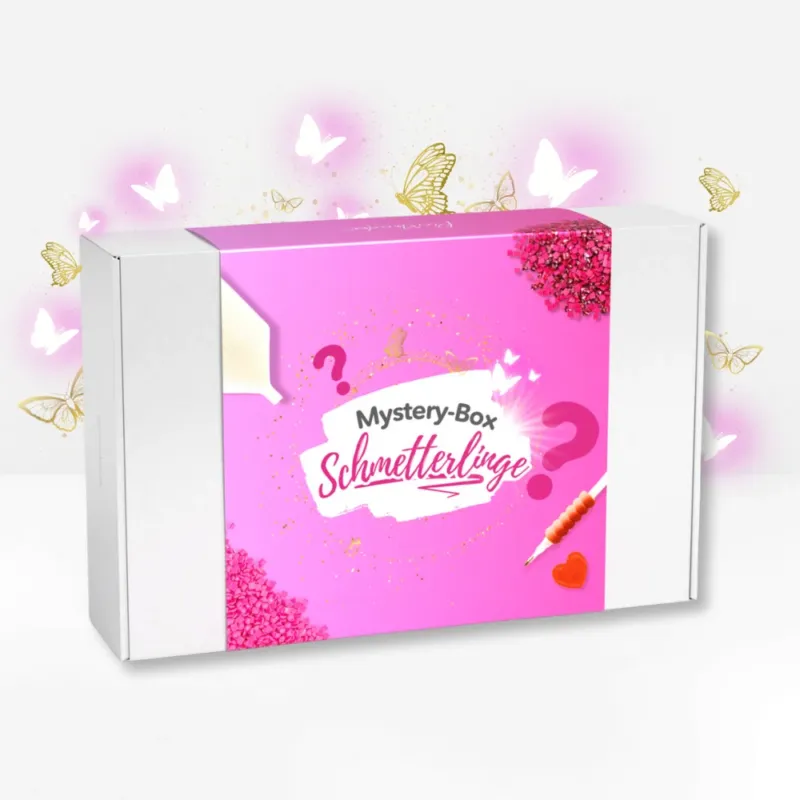 Pinke Diamond Painting Mystery-Box zum Thema Schmetterlinge mit glitzernden Steinchen und Bastelzubehör für kreative DIYs
