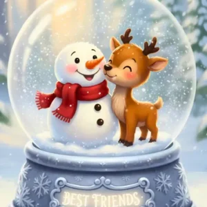 Diamond Painting Set Best Friends: Niedliches Rentier und Schneemann in einer winterlichen Schneekugel.