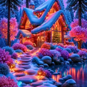 XXL Diamond Painting eines magischen Winterwaldes mit beleuchteter Holzhütte, Weihnachtsbaum und verschneitem Pfad am Teich
