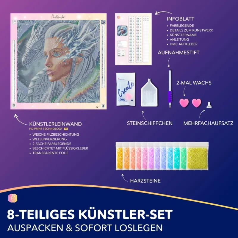 Diamond Painting Set Dragon Queen mit Leinwand, bunten Harzsteinen und Zubehör für kreatives Basteln bei Picmondoo.