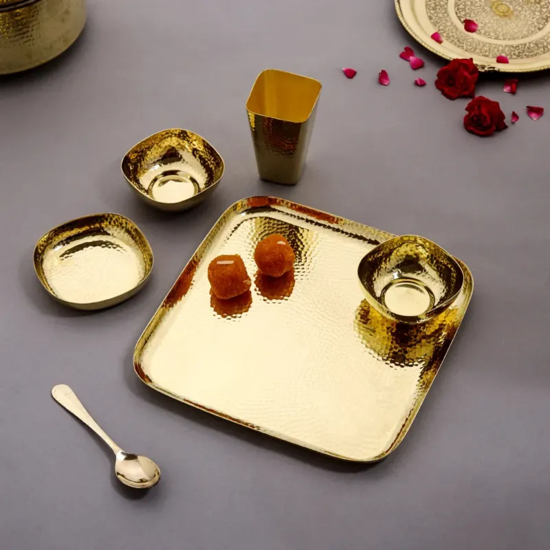 Brass Hammered Square shaped Dinner Set