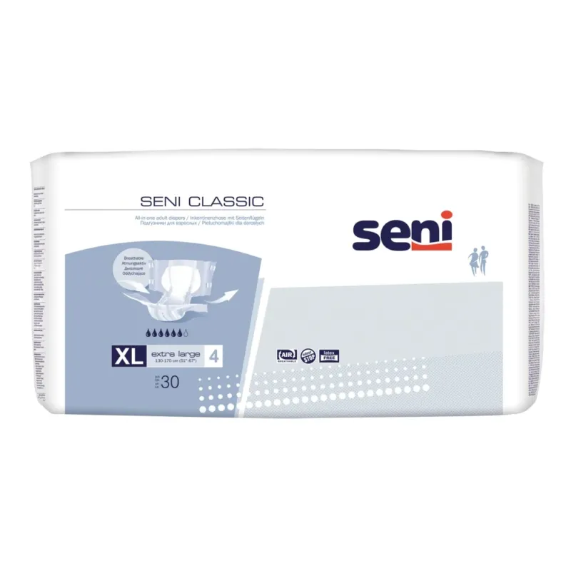 Ein Paket mit Seni Classic Extra Large Inkontinenzunterlagen, das auf einem weißen Hintergrund präsentiert wird. Die Verpackung ist farbenfroh gestaltet und enthält klare Informationen über das Produkt, einschließlich der Größe "XL" und der Produkttypbezeichnung. Im Vordergrund sind die wichtigsten Merkmale hervorgehoben, wie hohe Saugfähigkeit und Komfort. Die Unterlagen sind für Erwachsene konzipiert und ideal für die Verwendung bei Inkontinenz.
