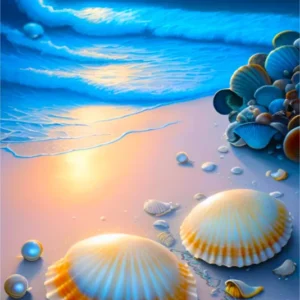 Diamond Painting Set Strand im Nachtglanz mit glitzernden Muscheln, Meer und Mondschein bei Nacht