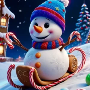 Diamond Painting Set: Niedlicher Schneemann auf Schlitten aus Zuckerstangen mit Lebkuchenhaus und Weihnachtsbaum