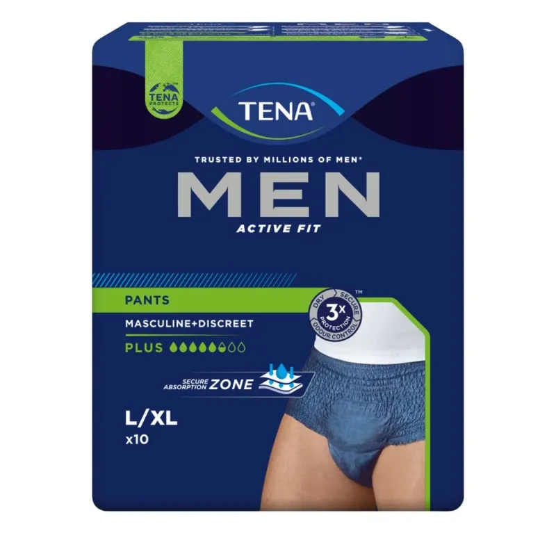 Hochwertige Herren-Inkontinenzunterwäsche von TENA in der Größe L/XL. Die Hose hat eine moderne, schlichte schwarze Farbe. Sie ist aus weichem, atmungsaktivem Material gefertigt und bietet hohen Tragekomfort. An der Taille besitzt die Unterwäsche einen elastischen Bund, der eine gute Passform gewährleistet. Die Oberfläche ist diskret und unauffällig, sodass sie problemlos unter der normalen Kleidung getragen werden kann. Ideal für aktive Männer, die Schutz und Sicherheit im Alltag suchen.
