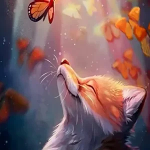 Diamond Painting Set Fuchs mit Schmetterlingen in einem herbstlichen Wald, 30x45cm mit glänzenden Steinchen.