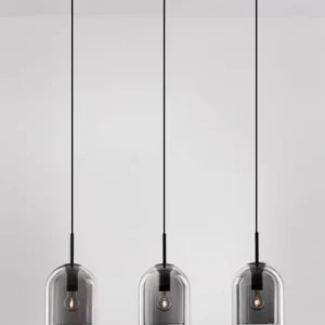 Velor Pendelleuchte Balken 70cm E27 3-flammig, schwarze Hängelampe mit drei bernsteinfarbenen Glasschirmen