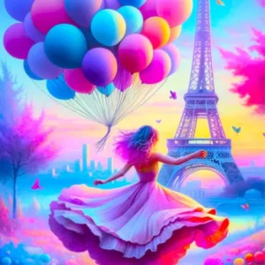 Diamond Painting Set Verträumtes Paris mit Frau in rosa Kleid, Eiffelturm und bunten Luftballons im Fantasy-Stil