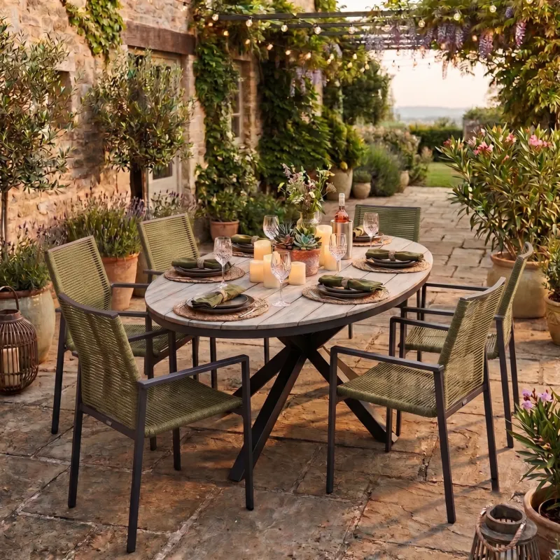 Garten-Essgruppe Volterra 180 × 115 × 74 cm mit 6 Stapelsesseln Zoe grün – Stilvoller Komfort für draußen