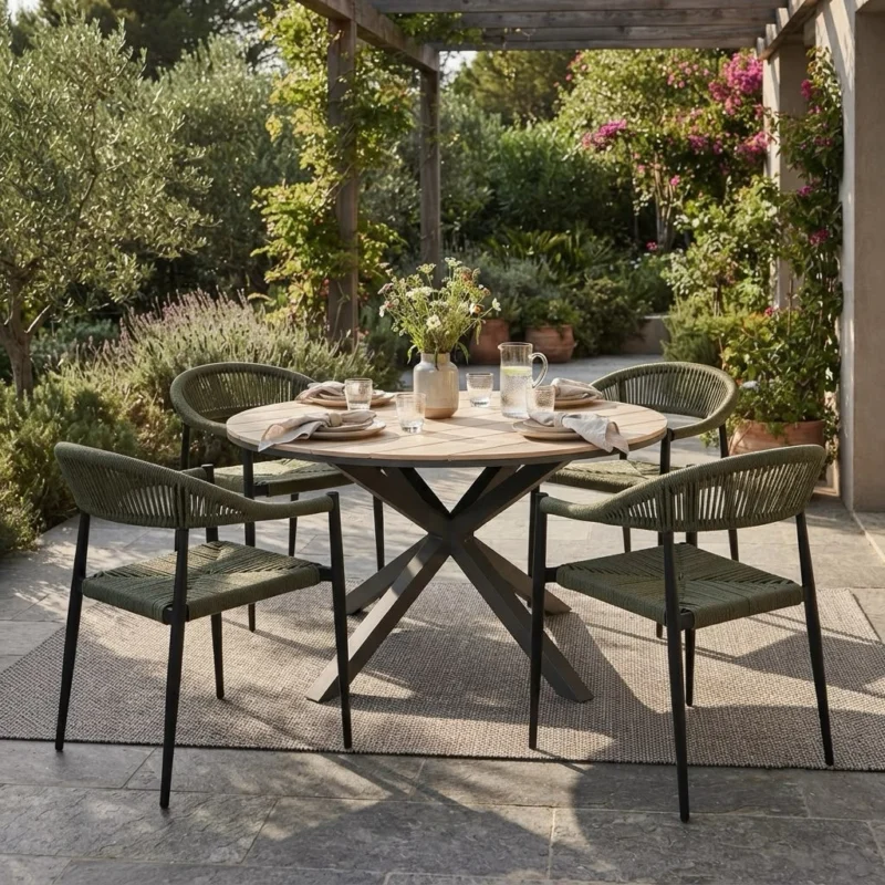 Gartenmöbel-Set „Volterra & Luis“ – 4 Stapelsessel grün mit rundem Esstisch