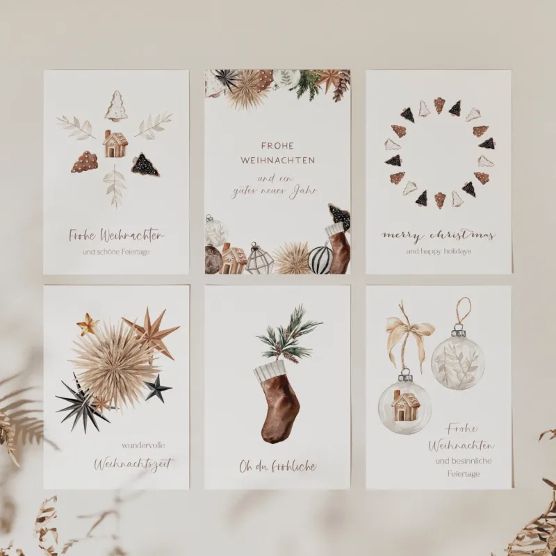 6er Set Weihnachtskarten A6 auf Strukturpapier - braun