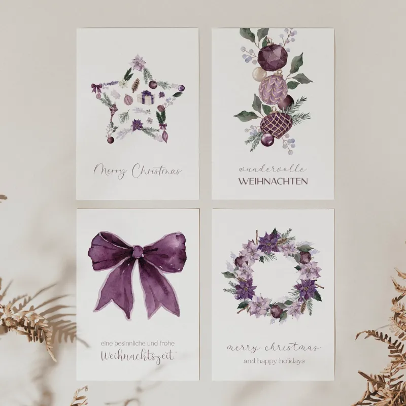 4er Set Weihnachtskarten A6 auf Strukturpapier - lila