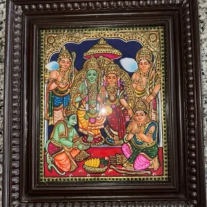 Semi Embossed Rama Parivar Tanjore Painting with Frame, Pooja Room Decor