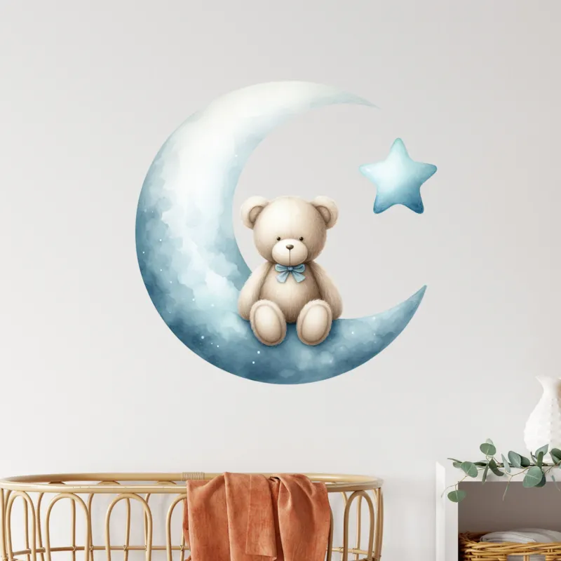 Wandtattoo mit Teddy auf Mond und Stern im Kinderzimmer