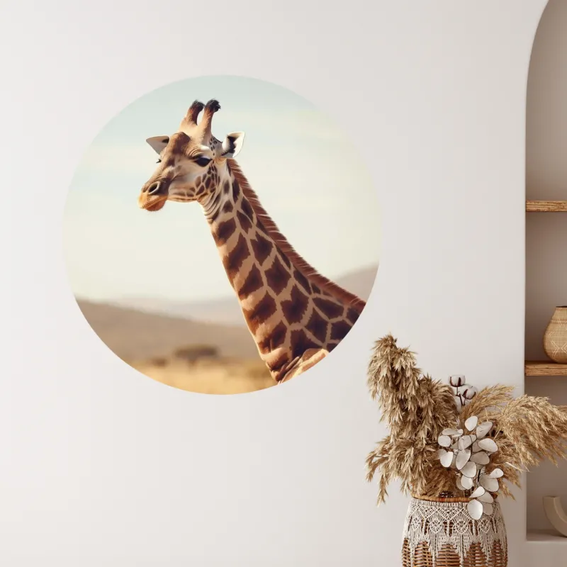 Giraffe mit braunem Fell vor sanfter Landschaft.