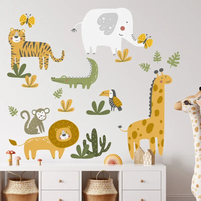 Dschungel-Wandtattoo mit Giraffe, Löwe und Zebra im Kinderzimmer