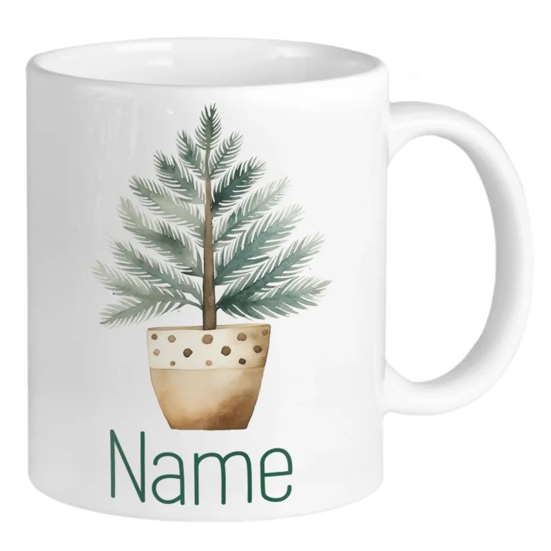 Kaffeetasse mit grünem Pflanzenmotiv und personalisierbarem Namen.