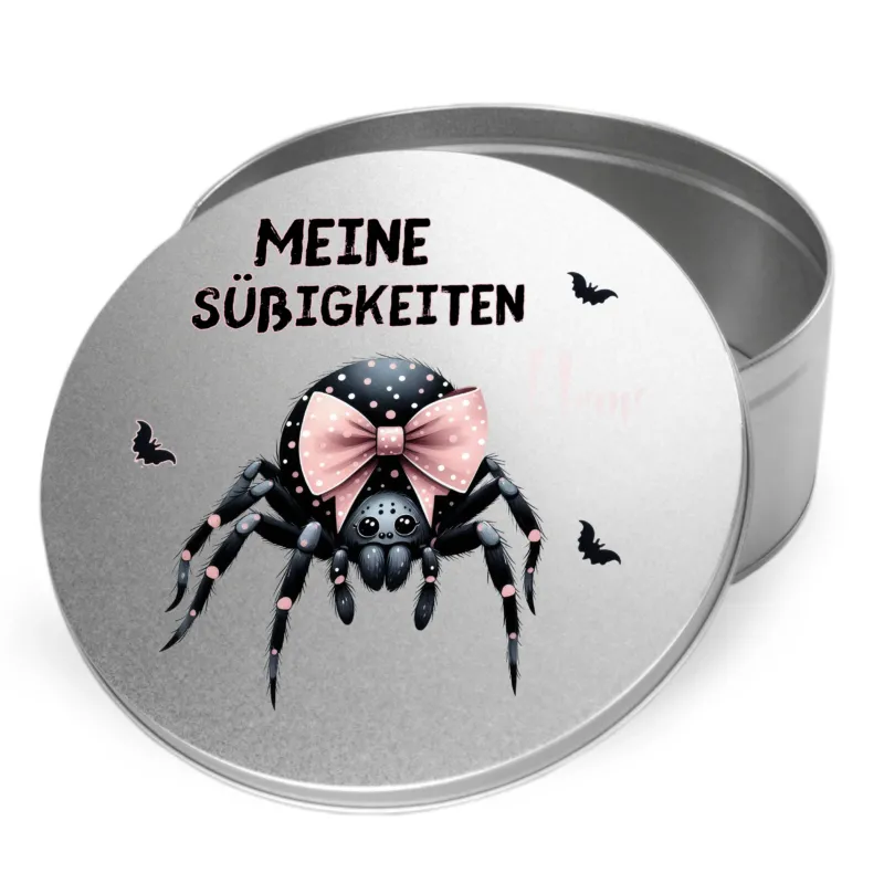 Silberne Dose mit Spinne und rosa Schleife, "Meine Süßigkeiten".