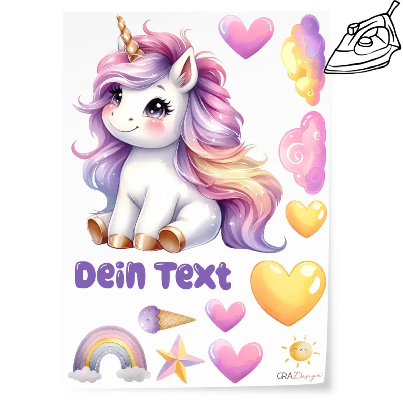 Einhorn mit buntem Haar, Herzen, Regenbogen und Wolken.